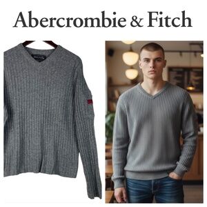 Vtg Y2K Abercrombie & Fitch Mens Large Sweater Pullover WOOL Gray Ribbed V-Neck